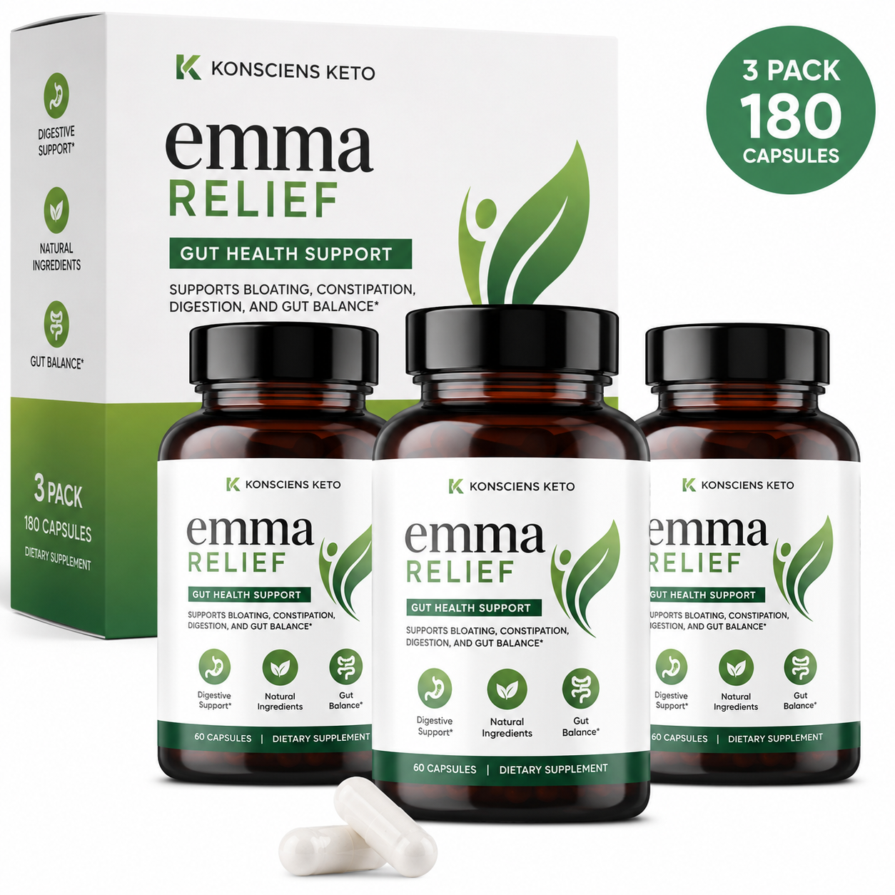Emma Relief Gut Health Supplement – 3 Pack (180 Capsules) | KONSCIENS KETO