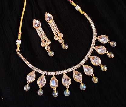 Gold Plated Teardrop Necklace Set with Diamonds for Women