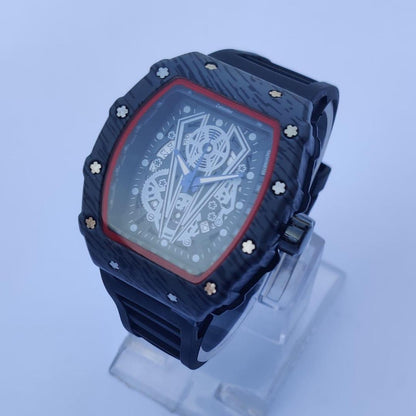 Men's Square Dial Sports Watch Black Red Rubber Strap
