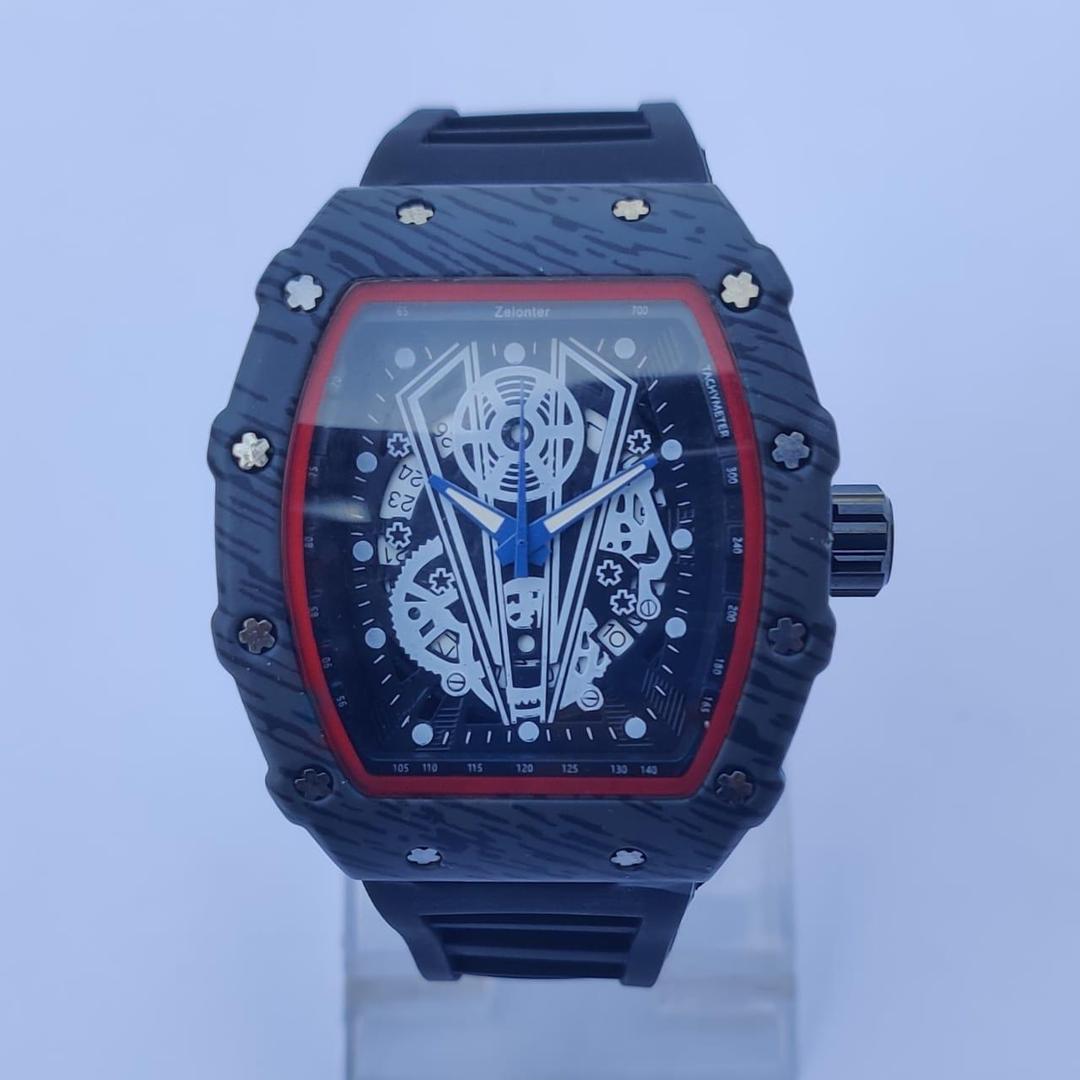Men's Square Dial Sports Watch Black Red Rubber Strap
