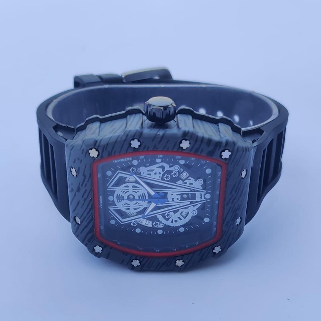 Men's Square Dial Sports Watch Black Red Rubber Strap