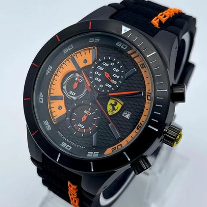 Ferrari Classic Chronograph Wrist Watch Black Orange Strap