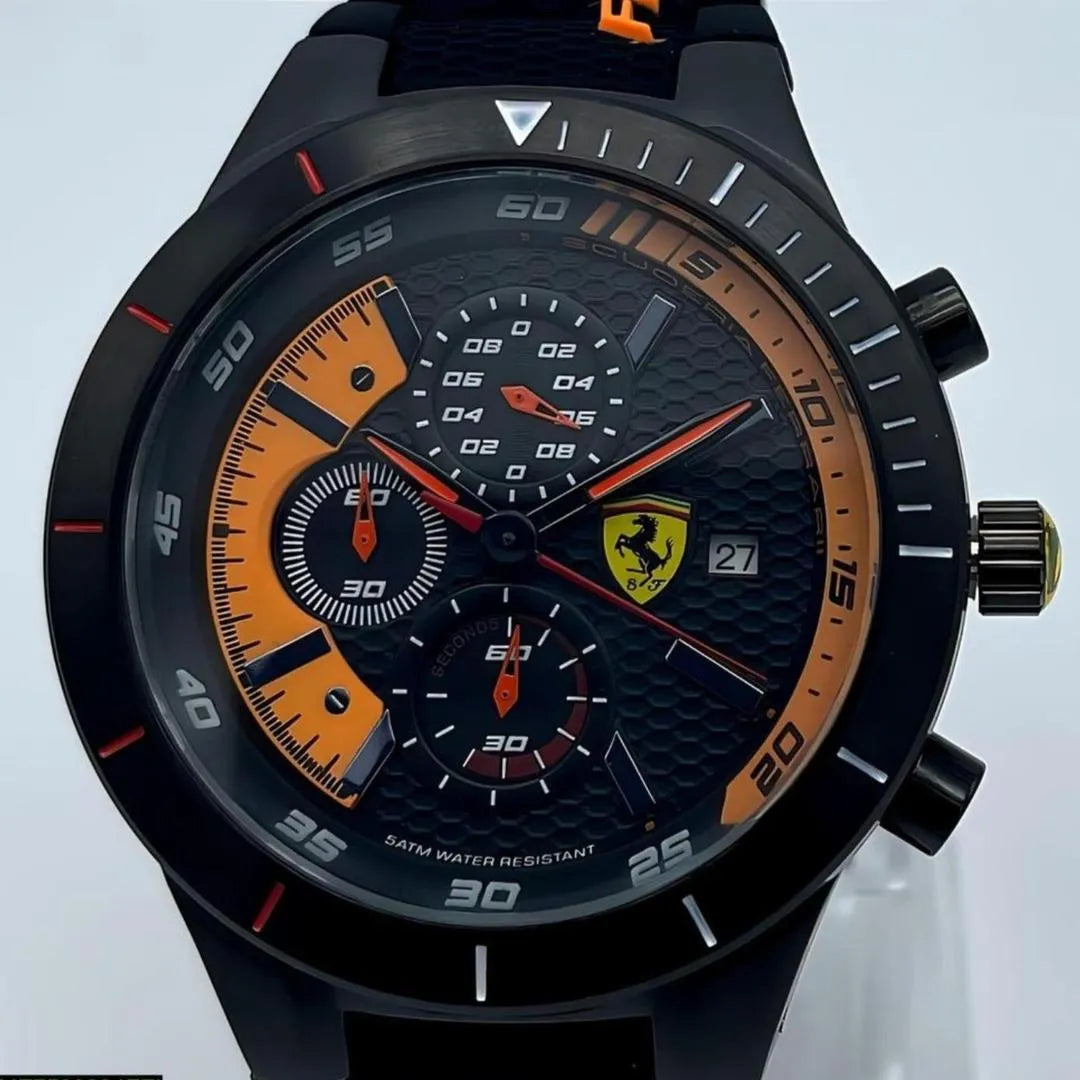 Ferrari Classic Chronograph Wrist Watch Black Orange Strap