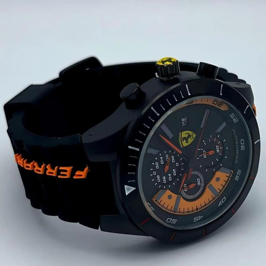 Ferrari Classic Chronograph Wrist Watch Black Orange Strap