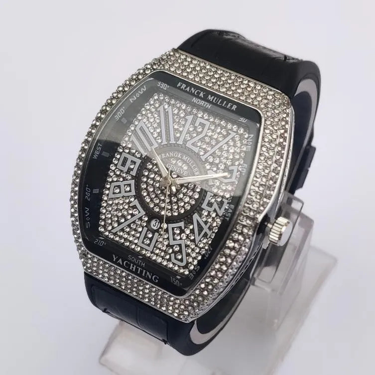 Franck Muller Men's Crystal Watch Black Leather Strap