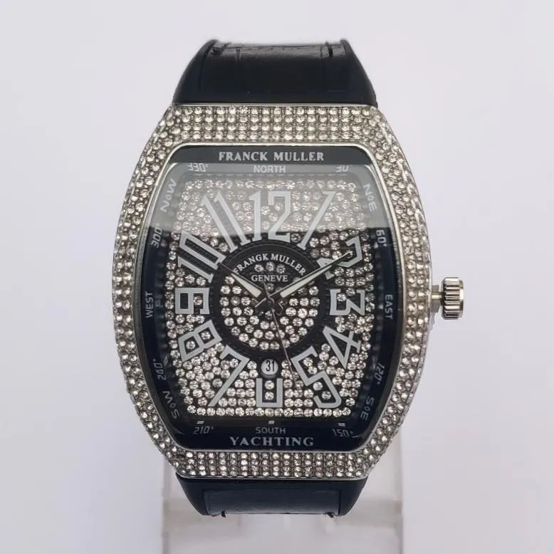 Franck Muller Men's Crystal Watch Black Leather Strap