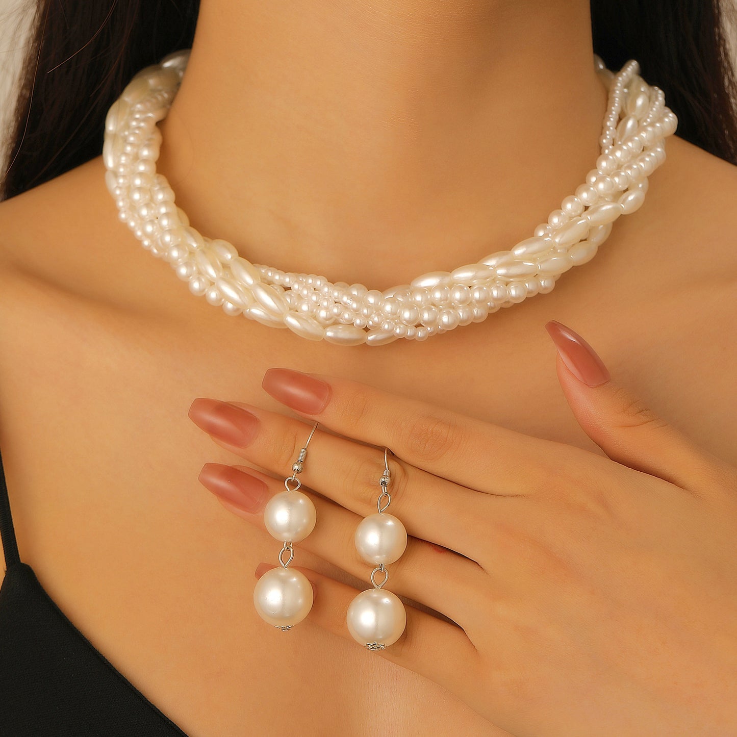 White Pearl Necklace & Earrings Set for Pakistani Women