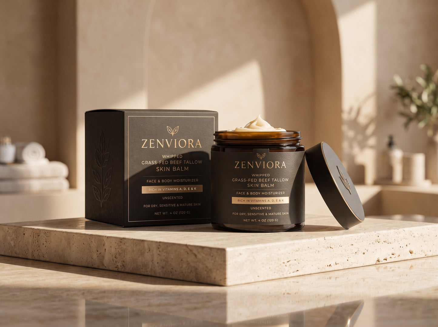 Zenviora Whipped Grass-Fed Beef Tallow Skin Balm | Face & Body Moisturizer | Unscented | Rich in Vitamins A, D, E & K | For Dry, Sensitive & Mature Skin