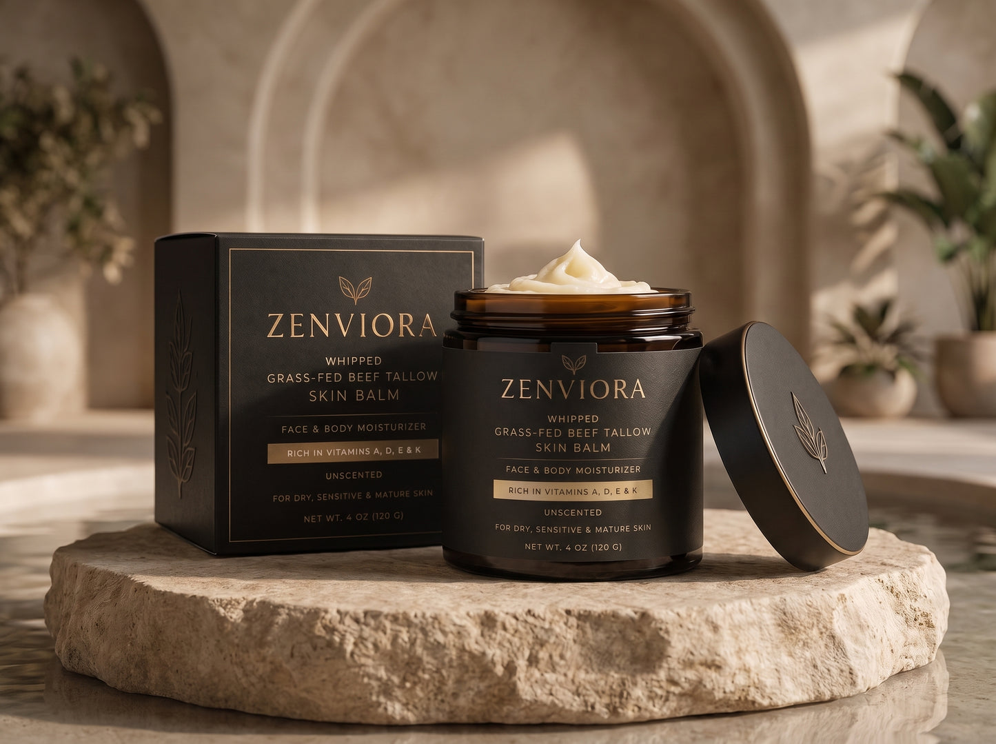 Zenviora Whipped Grass-Fed Beef Tallow Skin Balm | Face & Body Moisturizer | Unscented | Rich in Vitamins A, D, E & K | For Dry, Sensitive & Mature Skin