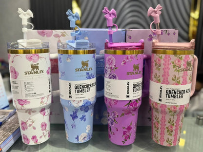 40oz Stanley Tumbler Cup - 1200ml Floral Loveshack Stainless Steel Stanley Tumbler with Straw and Straw Stoppper - Tumbler for Girls
