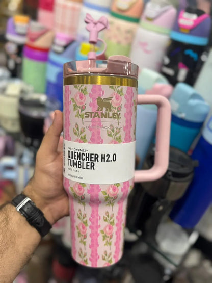 40oz Stanley Tumbler Cup - 1200ml Floral Loveshack Stainless Steel Stanley Tumbler with Straw and Straw Stoppper - Tumbler for Girls