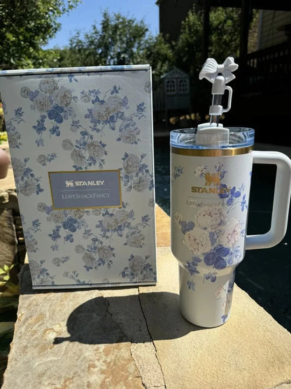 40oz Stanley Tumbler Cup - 1200ml Floral Loveshack Stainless Steel Stanley Tumbler with Straw and Straw Stoppper - Tumbler for Girls